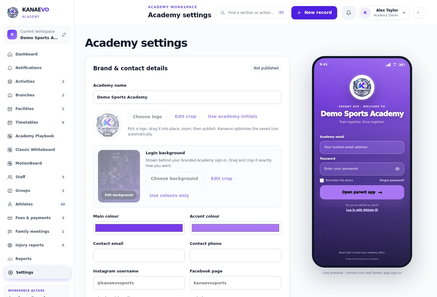 Actual App Builder settings for Demo Sports Academy