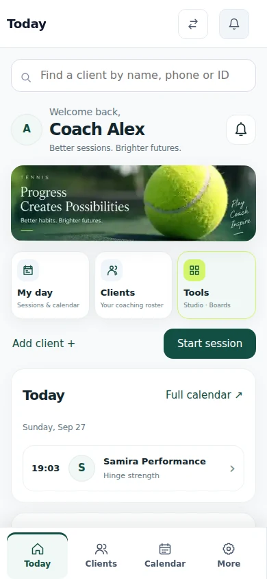 Actual private coach mobile dashboard with synthetic tennis coaching data