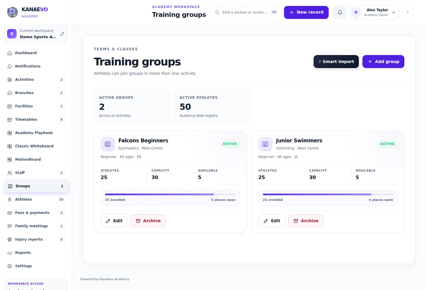 Actual academy group management screen with demo groups