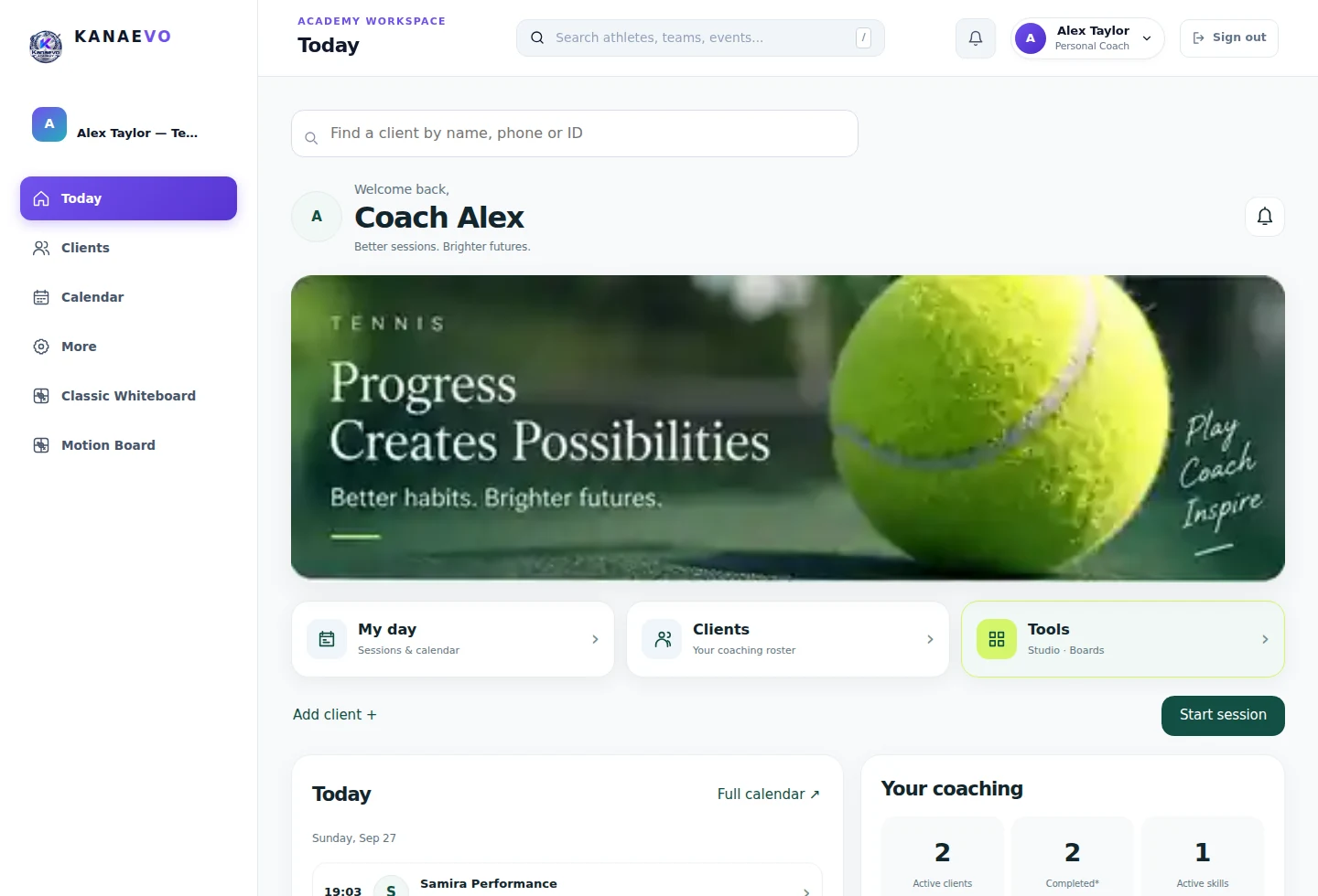 Actual Private Coach dashboard with synthetic tennis coaching data