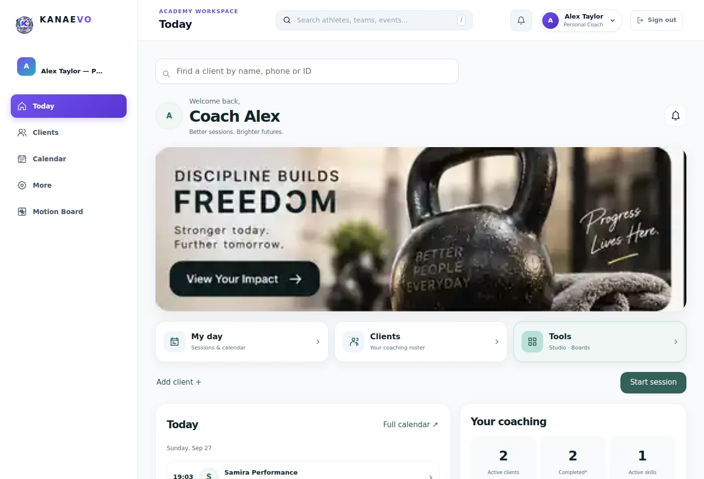 Actual Personal Trainer dashboard with synthetic clients and sessions