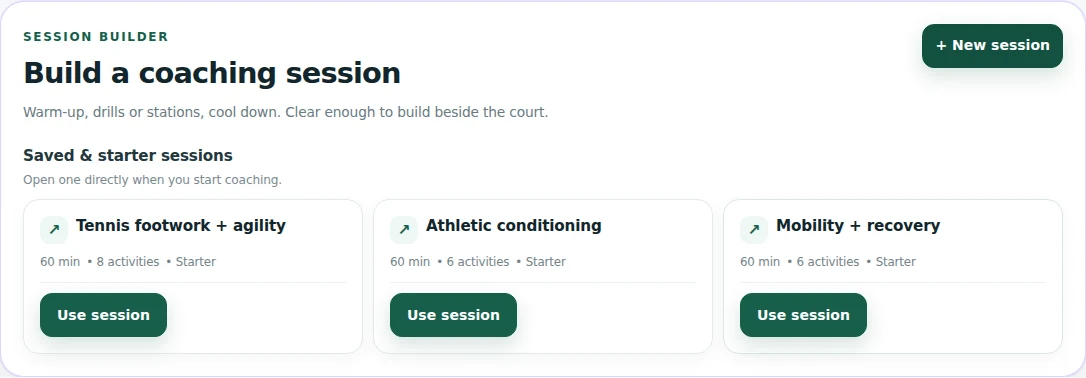 Actual session builder with the built-in tennis, conditioning and mobility starter sessions